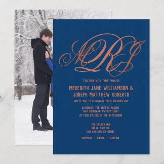 Invitación Boda de escritura monograma elegante de cobre azul