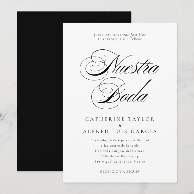 Invitación Boda de escritura negra en castellano (Anverso / Reverso)