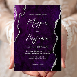 Invitación Boda de escritura plateada con ágata púrpura moder