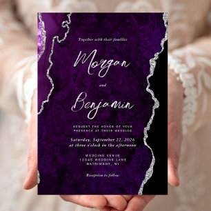 Invitación Boda de escritura plateada con ágata púrpura moder
