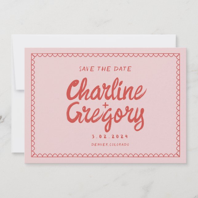 Invitación Boda de escritura roja rosa retro Guardar la fecha (Anverso)