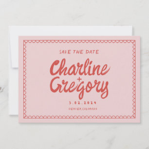 Invitación Boda de escritura roja rosa retro Guardar la fecha