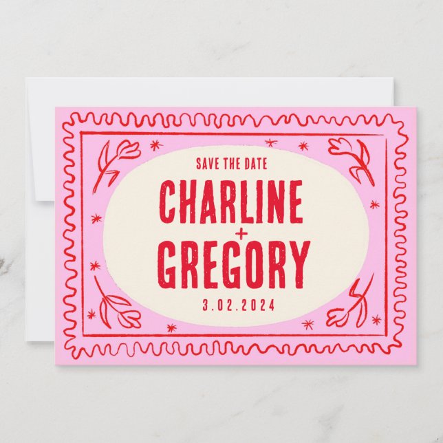 Invitación Boda de escritura roja rosa retro Guardar la fecha (Anverso)