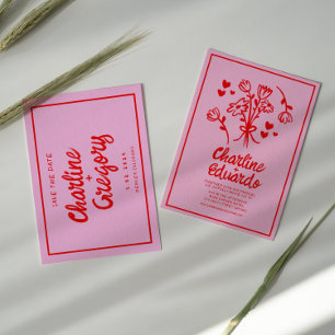 Invitación Boda de escritura roja rosa retro Guardar la fecha
