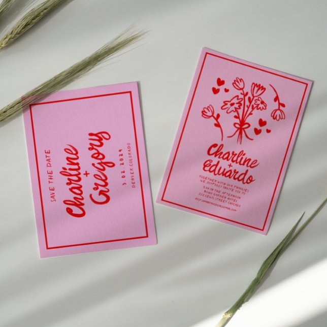 Invitación Boda de escritura roja rosa retro Guardar la fecha (Subido por el creador)