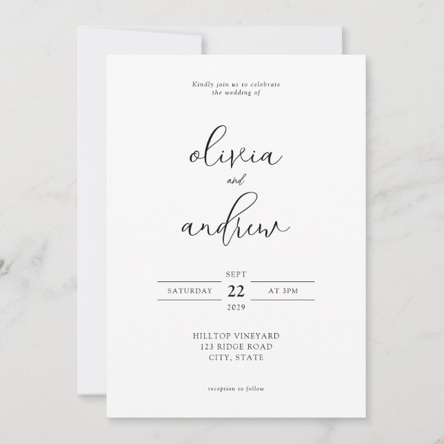 Invitación Boda de escritura simple y moderna en blanco y neg (Anverso)