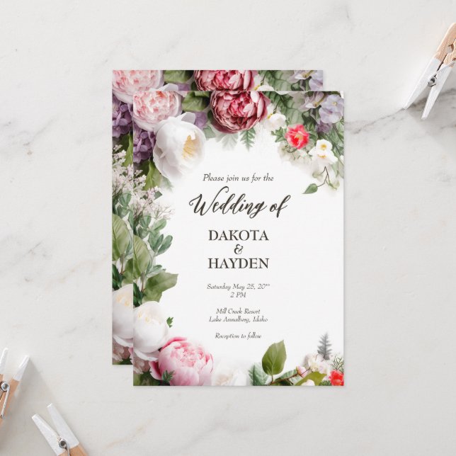 Invitación Boda de escritura tradicional floral romántica, pe (Anverso/Reverso In Situ)