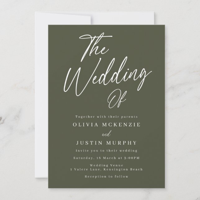 Invitación Boda de escritura verde oliva moderna (Anverso)