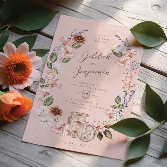 Invitación Boda de Escudo de acuarela Floral Occidental Monog (Watercolor Florals Western Monogram Crest Wedding Invitation Front)
