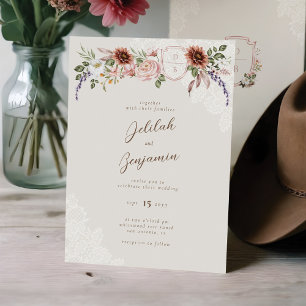 Invitación Boda de Escudo de acuarela Floral Occidental Monog