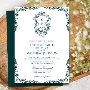 Invitación Boda de Escudo de cosecha de monograma verde esmer