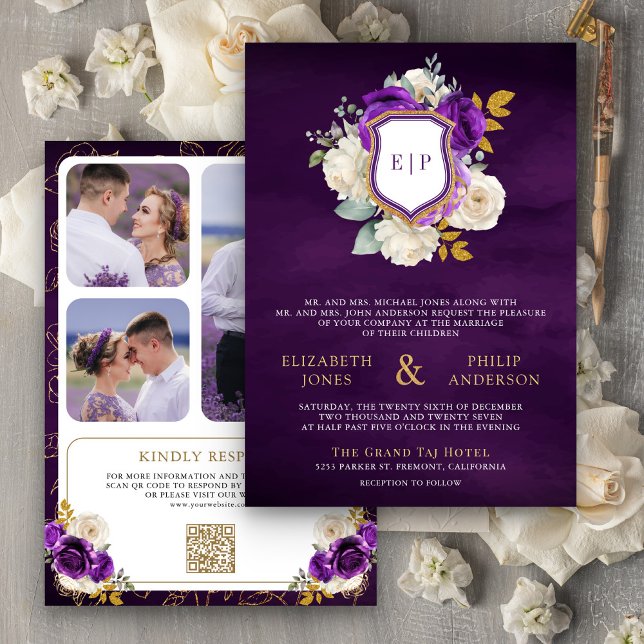 Invitación Boda de Escudo de fotos de Royal Purple Floral QR  (Subido por el creador)