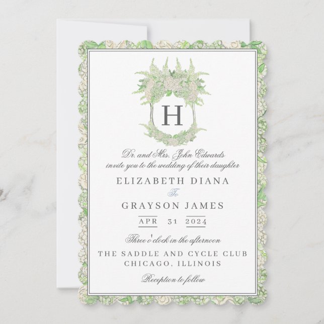 Invitación Boda de Escudo de hidrangea blanca y verde acuarel (Anverso)