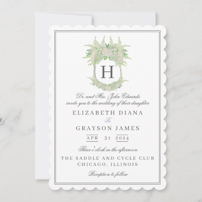 Invitación Boda de Escudo de hidrangea blanca y verde acuarel (Anverso)
