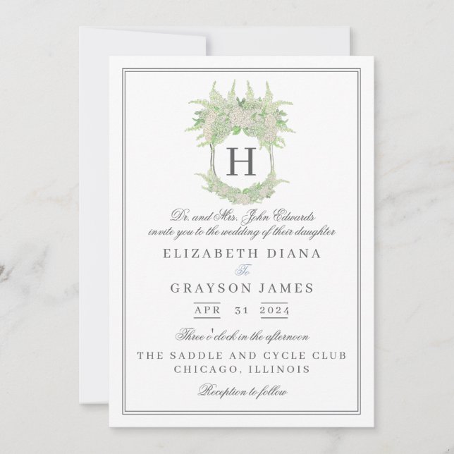 Invitación Boda de Escudo de hidrangea blanca y verde acuarel (Anverso)