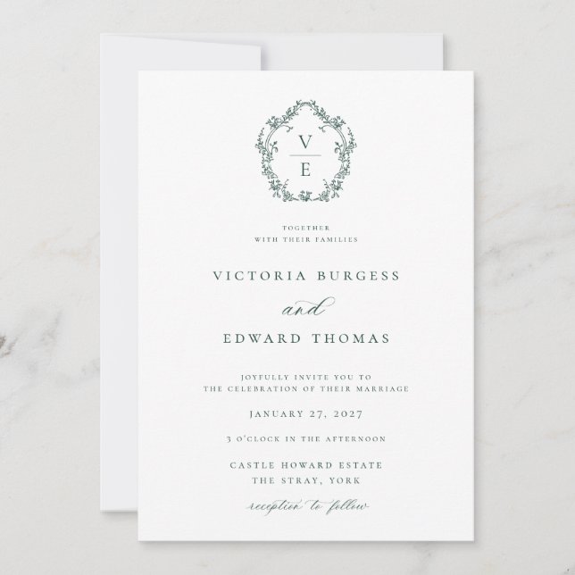 Invitación Boda de Escudo de monograma esmeralda de Regency E (Anverso)