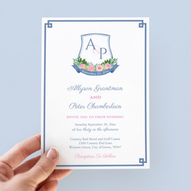 Invitación Boda de Escudo de monograma rosado y de la marina  (Hand-painted in watercolor navy blue and bold pink roses monogram wedding crest save the date card)
