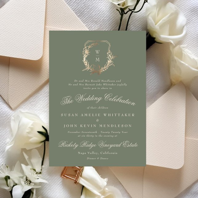 Invitación Boda de Escudo de oro de monograma clásico crema y (Subido por el creador)