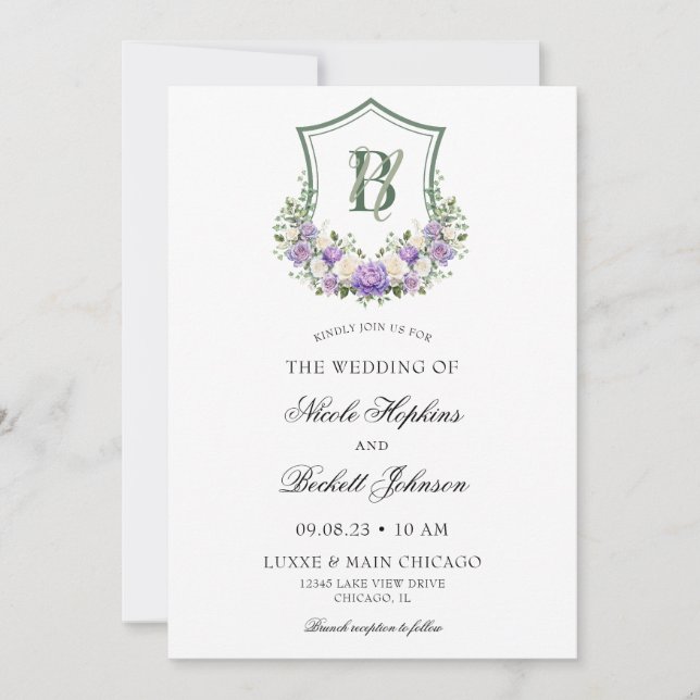 Invitación Boda de Escudo morado floral blanco (Anverso)