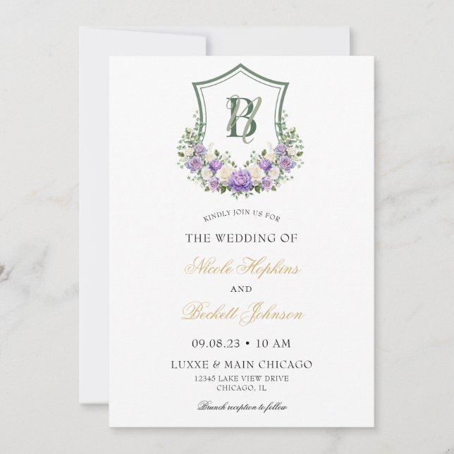 Invitación Boda de Escudo morado floral blanco (Anverso)