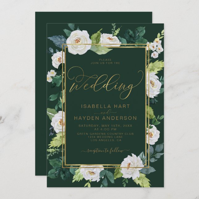 Invitación Boda de Esmeralda Floral Elegante de Oro Blanco Ma (Anverso / Reverso)
