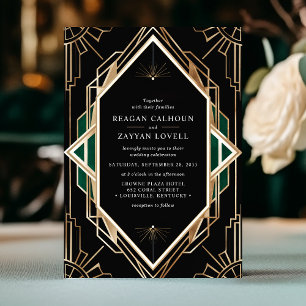Invitación Boda de Esmeralda Geométrica de Arte Decoro Negro 