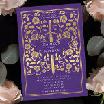 Invitación Boda de espadas doradas moradas<br><div class="desc">Establece el tono para tu boda medieval de fantasía con un diseño de invitación audaz —una gran espada de oro rodeada de flores contra un fondo morado. Perfecto para parejas que sueñan con una celebración épica y romántica. ¡Haz que tu historia de amor sea legendaria a primera vista! NOTA: el...</div>
