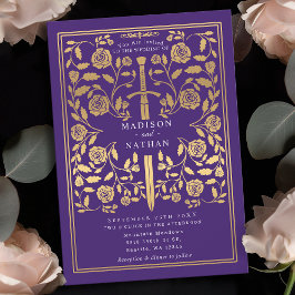 Invitación Boda de espadas doradas moradas