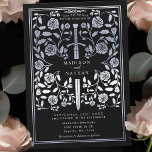 Invitación Boda de espadas plateadas Royal Medieval Black<br><div class="desc">¡Entra en una historia de romance y leyenda! Estas invitaciones de boda medievales de fantasía cuentan con una espada regia entrelazada con flores de plata sobre un telón de fondo negro. Son perfectas para las parejas que buscan un toque encantador y atemporal para su día especial. Tenga en cuenta que...</div>