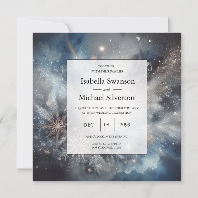 Invitación Boda de espuma de invierno celestial de medianoche (Anverso)