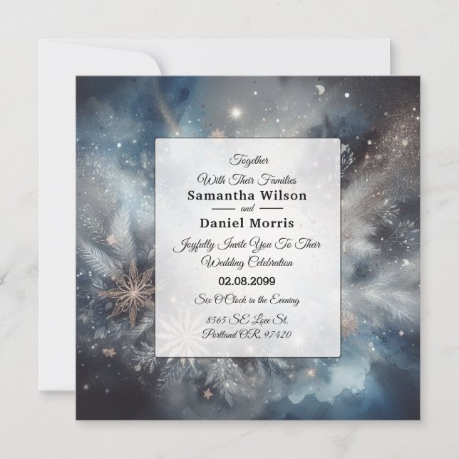 Invitación Boda de espuma de invierno celestial de medianoche (Anverso)
