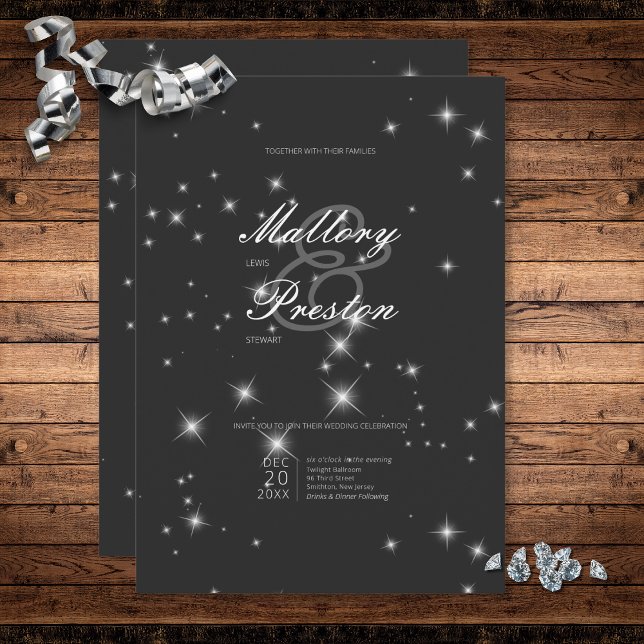 Invitación Boda de espuma de invierno negro de carbón vegetal (Modern Charcoal Black Winter Sparkle Wedding Invitation)
