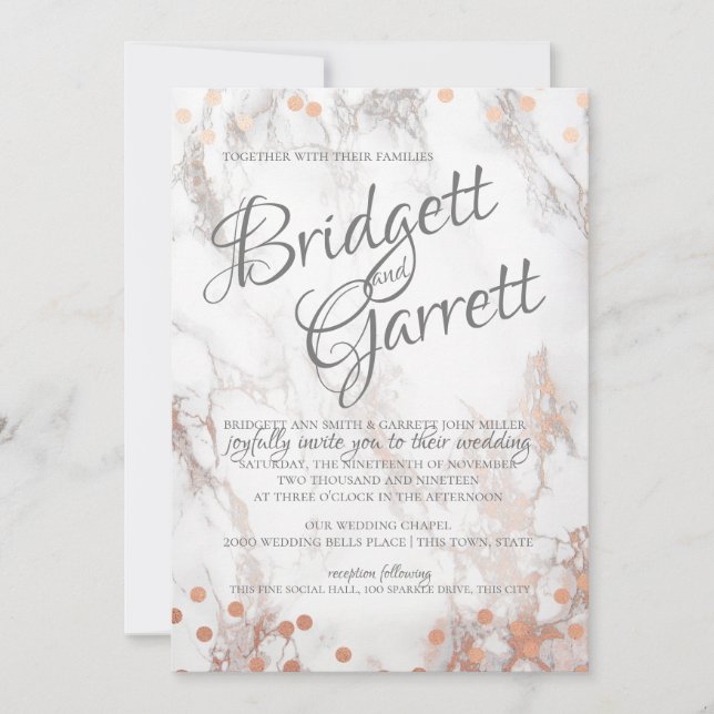 Invitación Boda de espuma de oro de mármol y Rosa (Anverso)