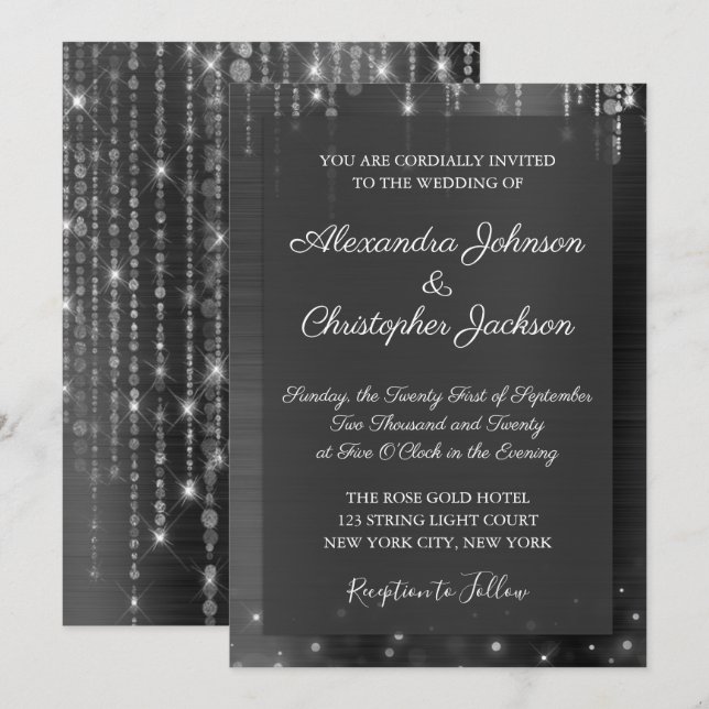 Invitación Boda de espuma de plata y negro (Anverso / Reverso)