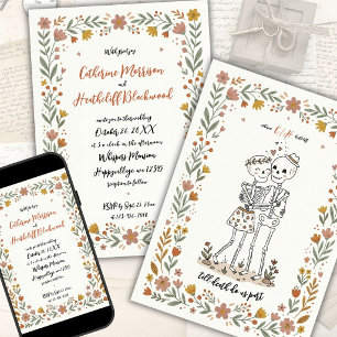 Invitación Boda de Esqueleto al Estilo de Arte Naif Boho