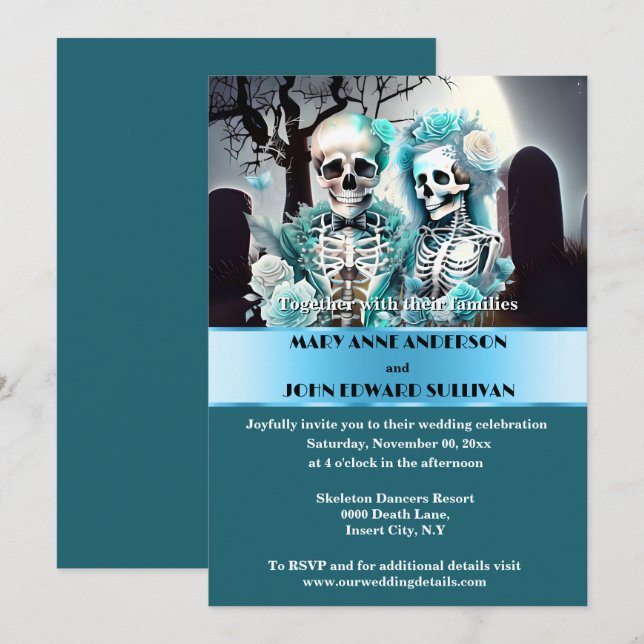 Invitación Boda de esqueleto azul de la pareja gótica (Anverso / Reverso)