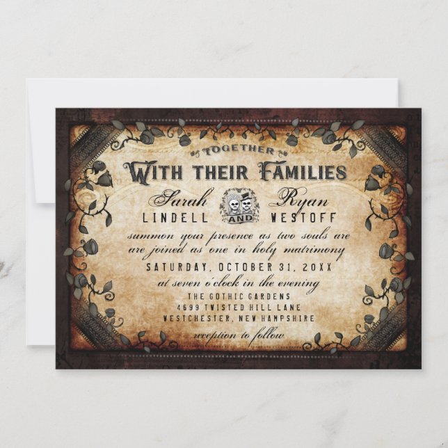 Invitación Boda de esqueletos góticos marrones "Junto con" (Anverso)