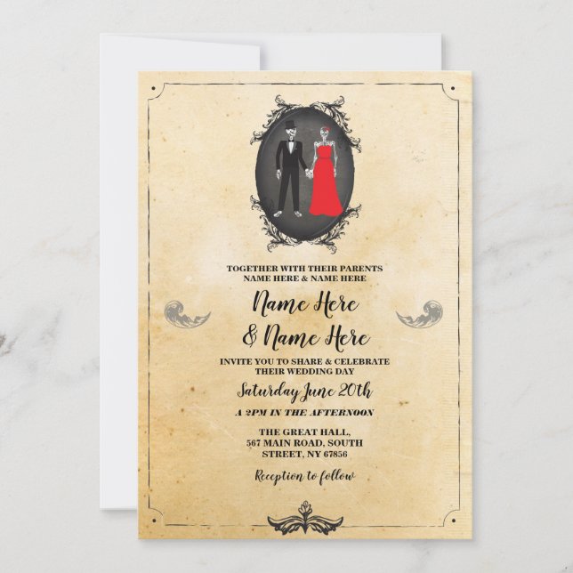 Invitación Boda de esqueletos Halloween Rústico Gótico (Anverso)
