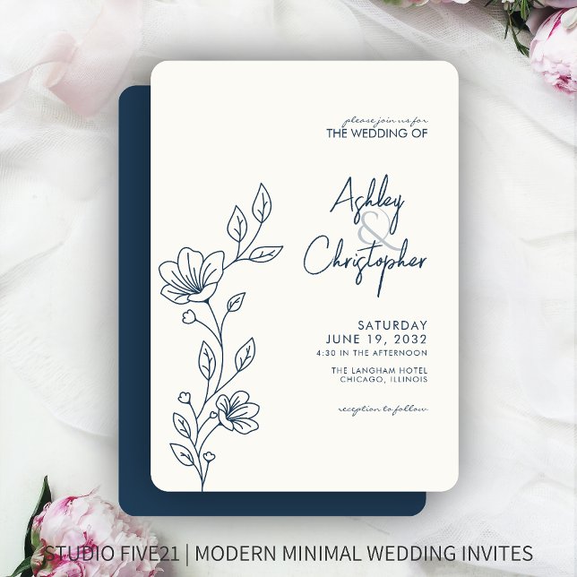 Invitación Boda de esquema de follaje azul índigo moderno (Subido por el creador)