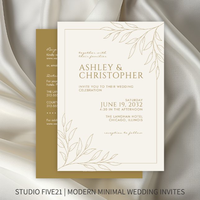 Invitación Boda de esquema de follaje de oro moderno (Subido por el creador)