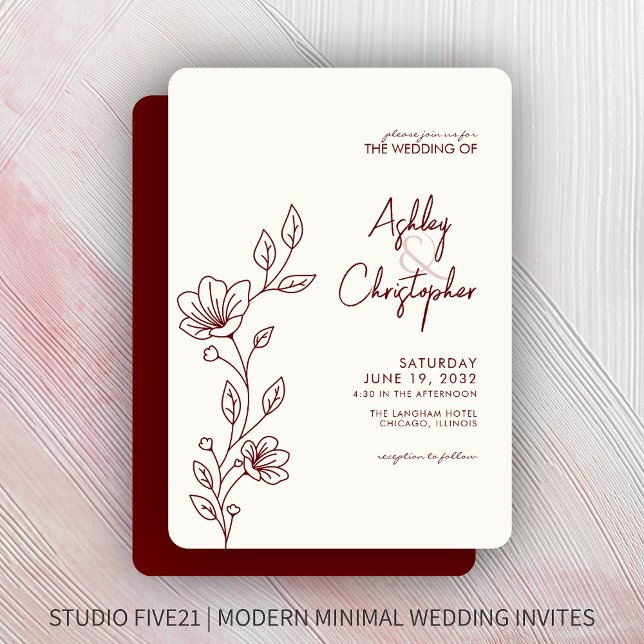 Invitación Boda de esquema de follaje rojo de Crimson moderno (Subido por el creador)
