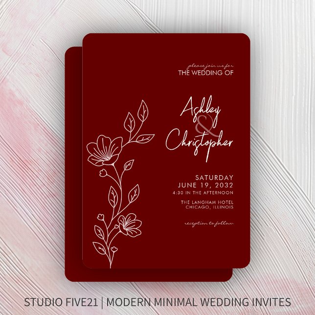 Invitación Boda de esquema de follaje rojo de Crimson moderno (Subido por el creador)