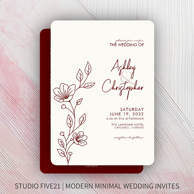 Invitación Boda de esquema de follaje rojo moderno todo en un (Subido por el creador)