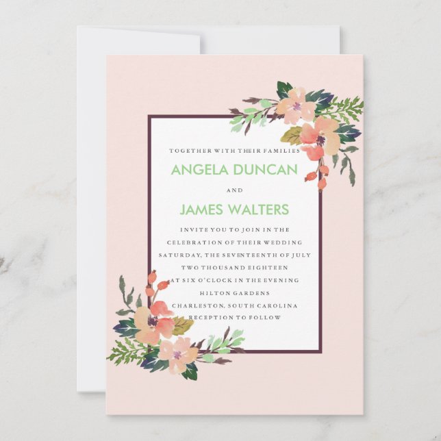 Invitación Boda de esquina floral acuarela (Anverso)