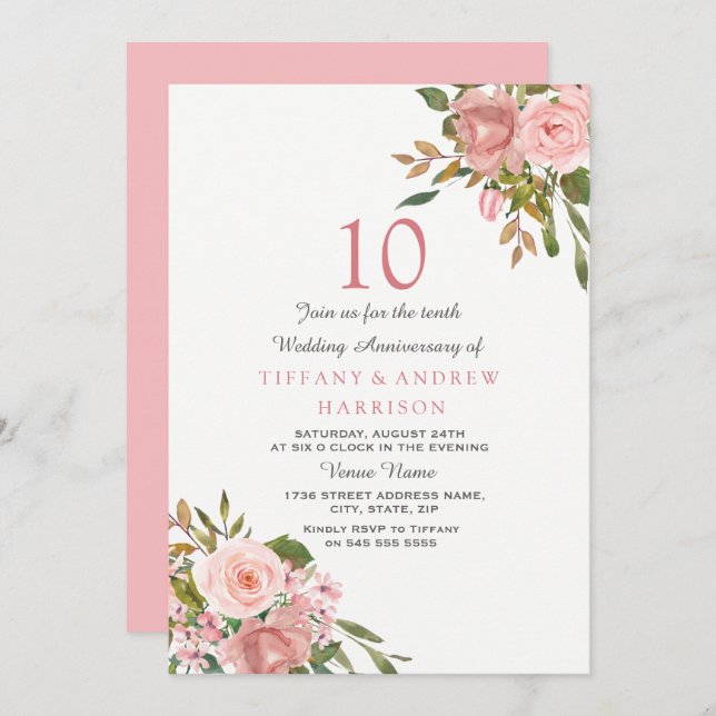 Invitación Boda de estaño Rosa Dorado Blanco 10º Aniversario  (Anverso / Reverso)