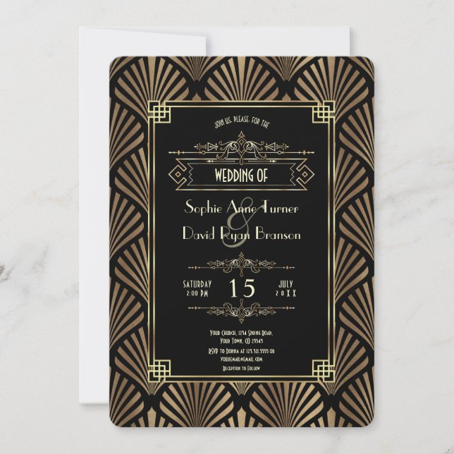 Invitación Boda de estilo Art Deco Black Gatsby de los años 2 (Anverso)