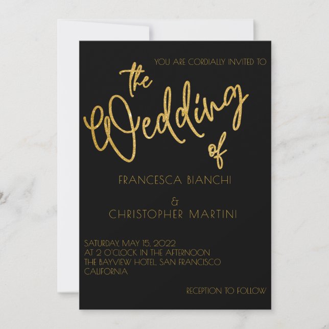 Invitación Boda de estilo Art Deco de Purpurina negro y oro (Anverso)