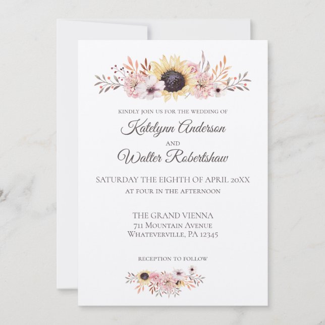 Invitación Boda de estilo campestre con buquet girasol (Anverso)