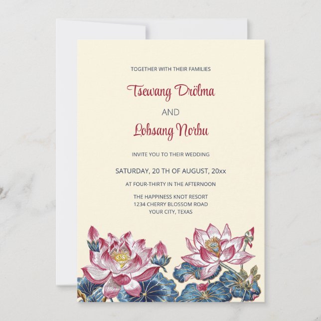 Invitación Boda de estilo de arte tibetano de Lotus (Anverso)