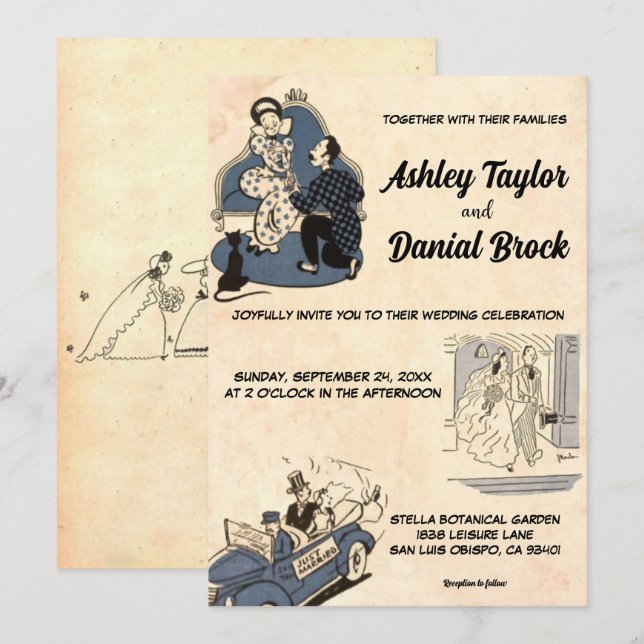 Invitación Boda de estilo de historieta clásico antiguo retro (Anverso / Reverso)